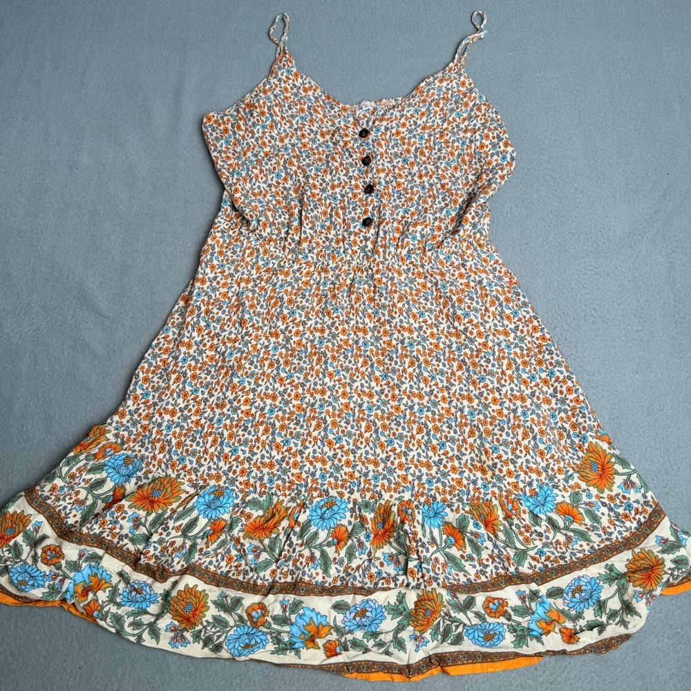Boho Floral Mini Sundress XL Orange‎ Blue Ditsy Print Button Front Ruffle Hem